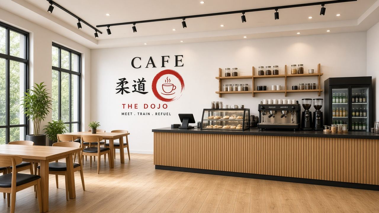 Concept rendering of the Café The Dojo coffee counter with wood slat front, espresso machine and logo wall